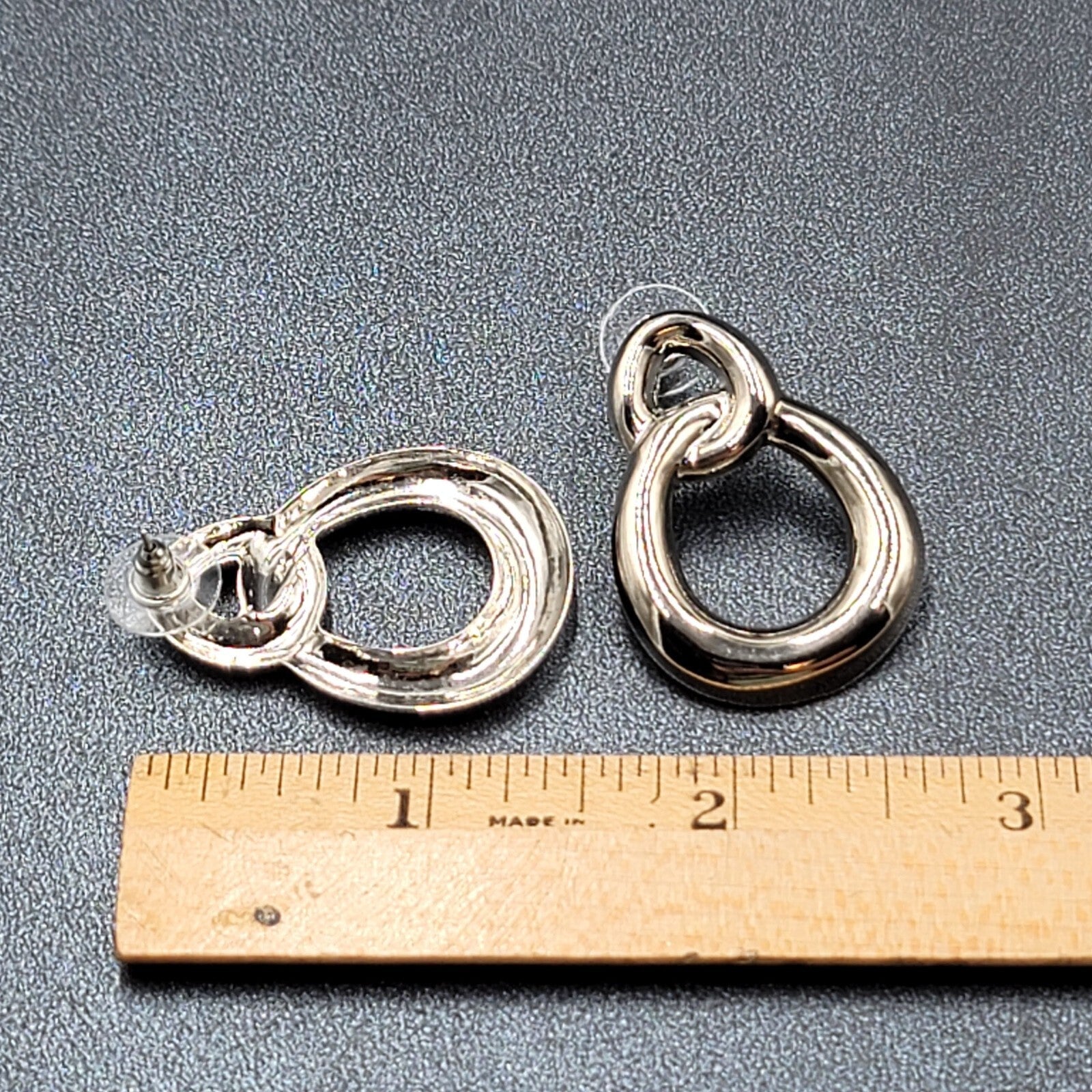 Pierced Earrings High Polish Silver tone Double Loop Drop 1 3/8"