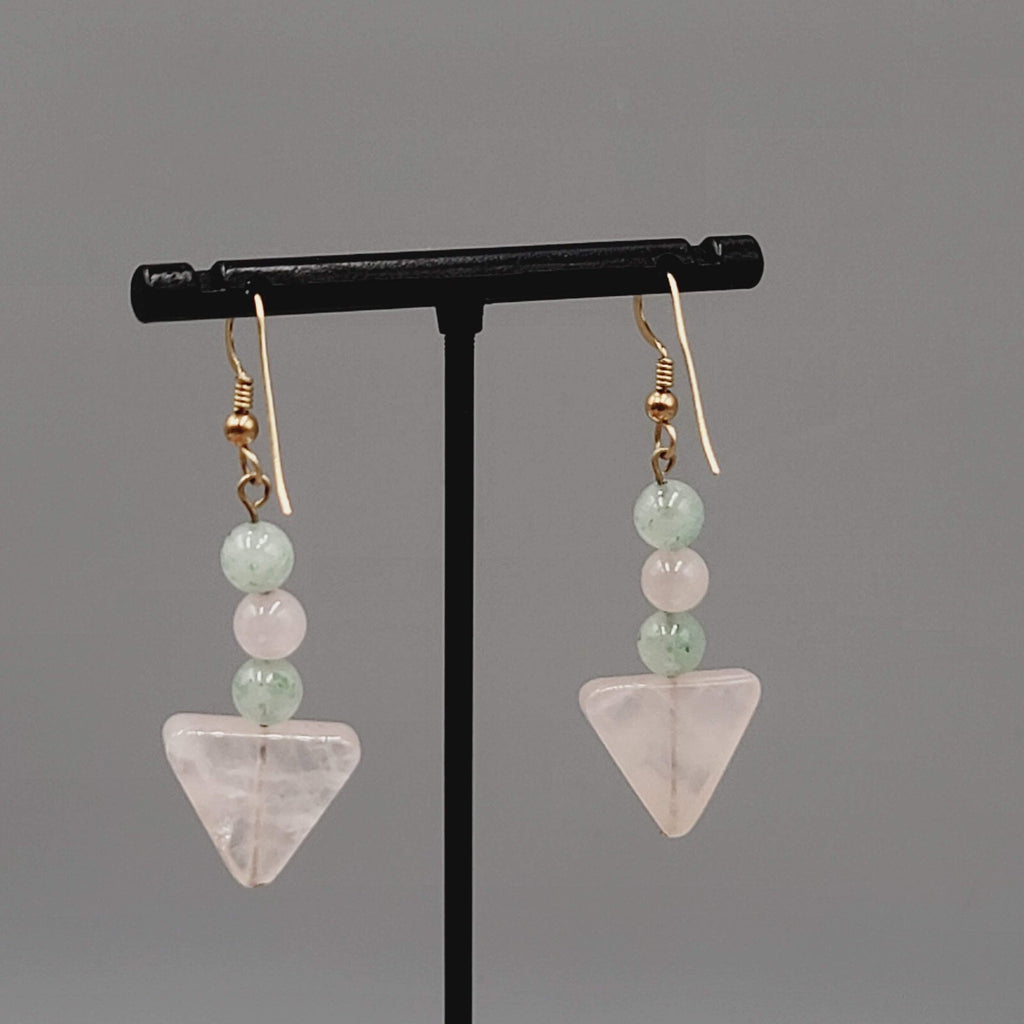 Pink Green Quartz Bead Pierced Earrings Gold tone Dangle 1.5"