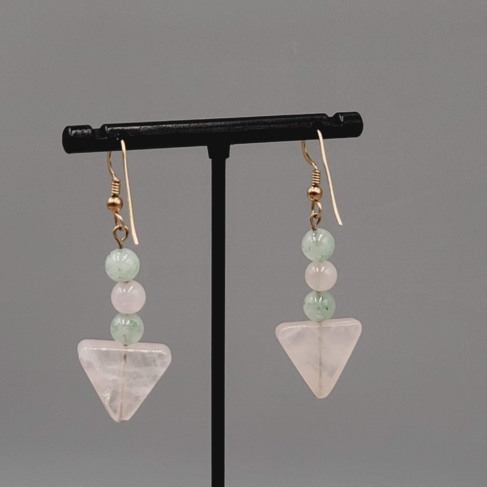 Pink Green Quartz Bead Pierced Earrings Gold tone Dangle 1.5"