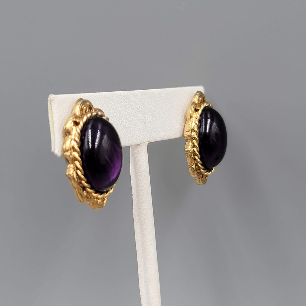 Vintage Purple Cabochon Pierced Earrings Gold tone Drop 1 1/8 in