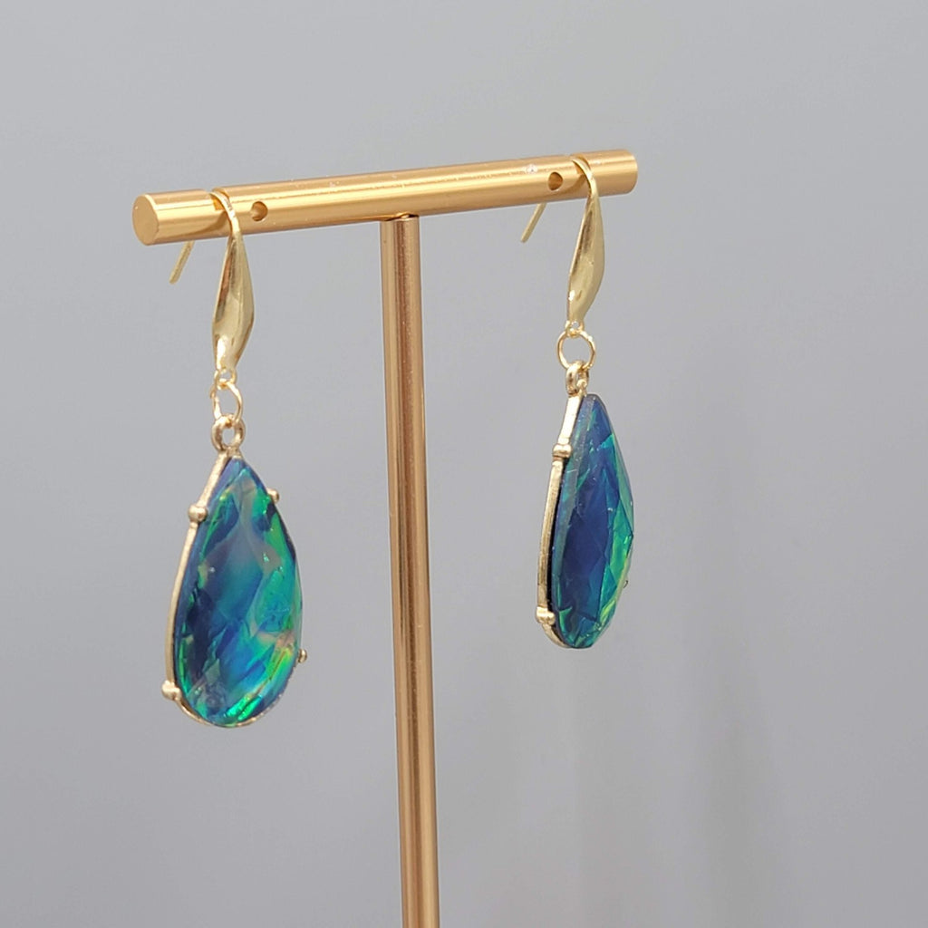 Multicolor Foil Teardrop Pierced Earrings Gold tone Dangle  1.25"