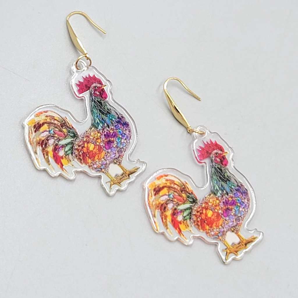 Multicolor Mosiac Rosster Pierced Earrings Acrylic Dangle Gold tone Hook 1.75"