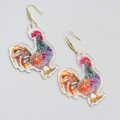 Multicolor Mosiac Rosster Pierced Earrings Acrylic Dangle Gold tone Hook 1.75"