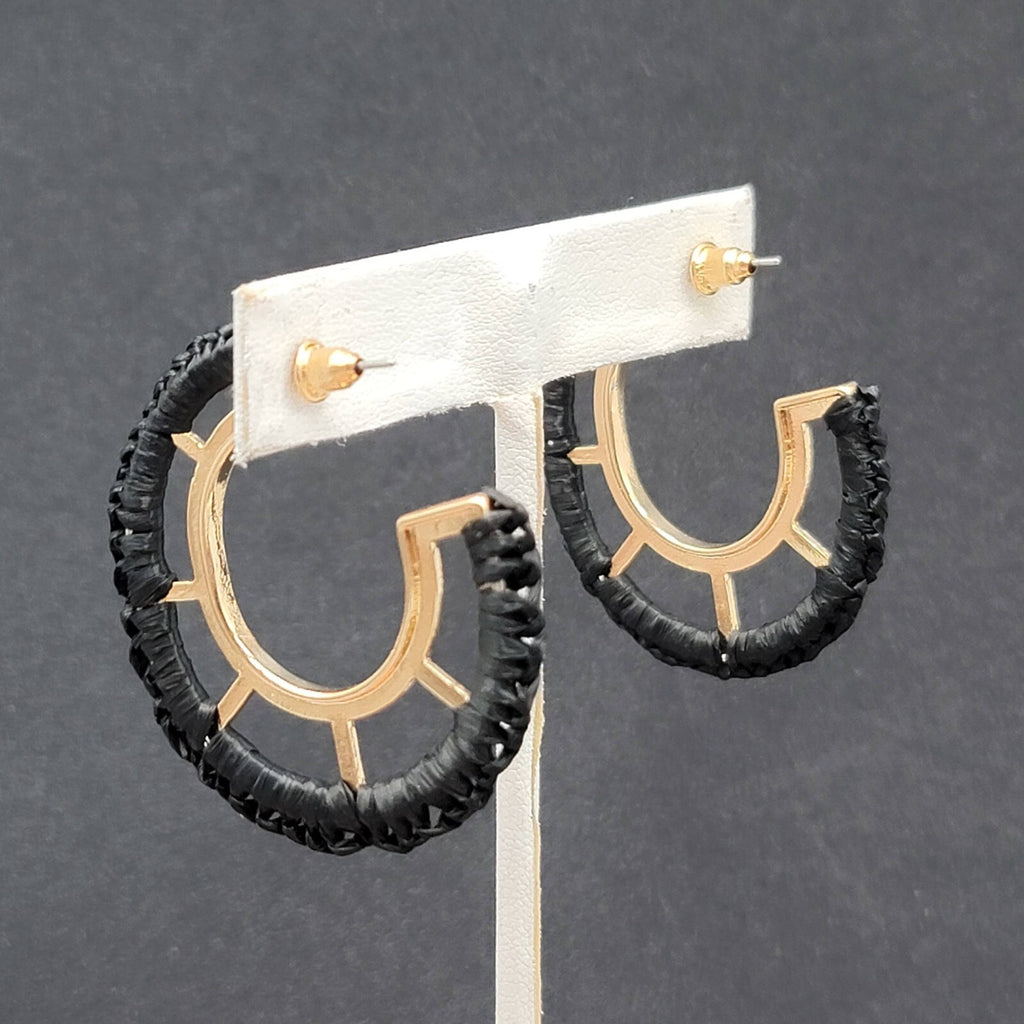 Pierced Earrings Gold tone Black String Wrapped Drop Hoops 1 5/8"