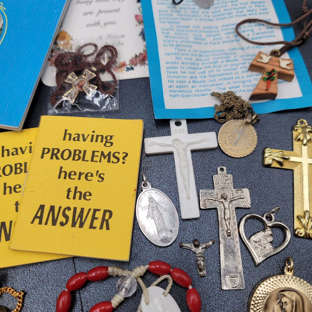 Vintage Religious Booklets Large Lot Rosaries Medals Bracelets etc