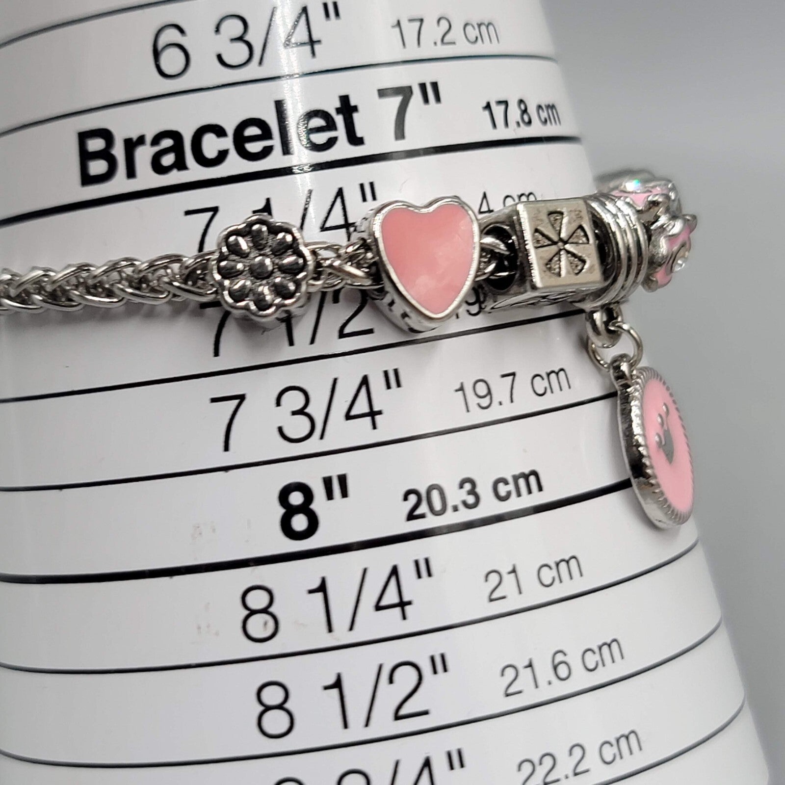 Slide Charm Bracelet Pink Enamel Hearts Beads Silver tone  7.25 in