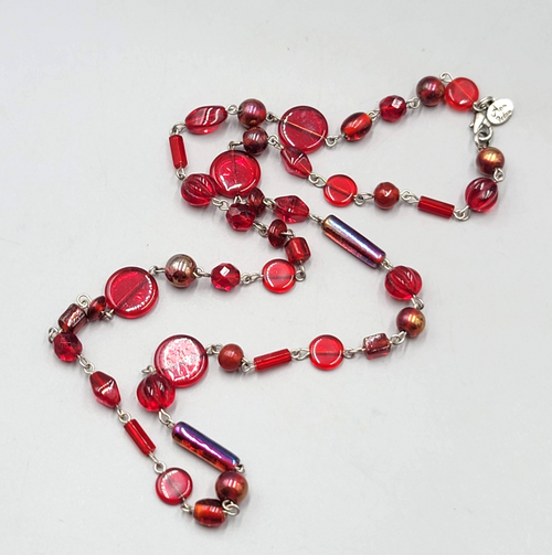 Ann Pedan Red Art Glass Bead Necklace Silver tone Long 26 in
