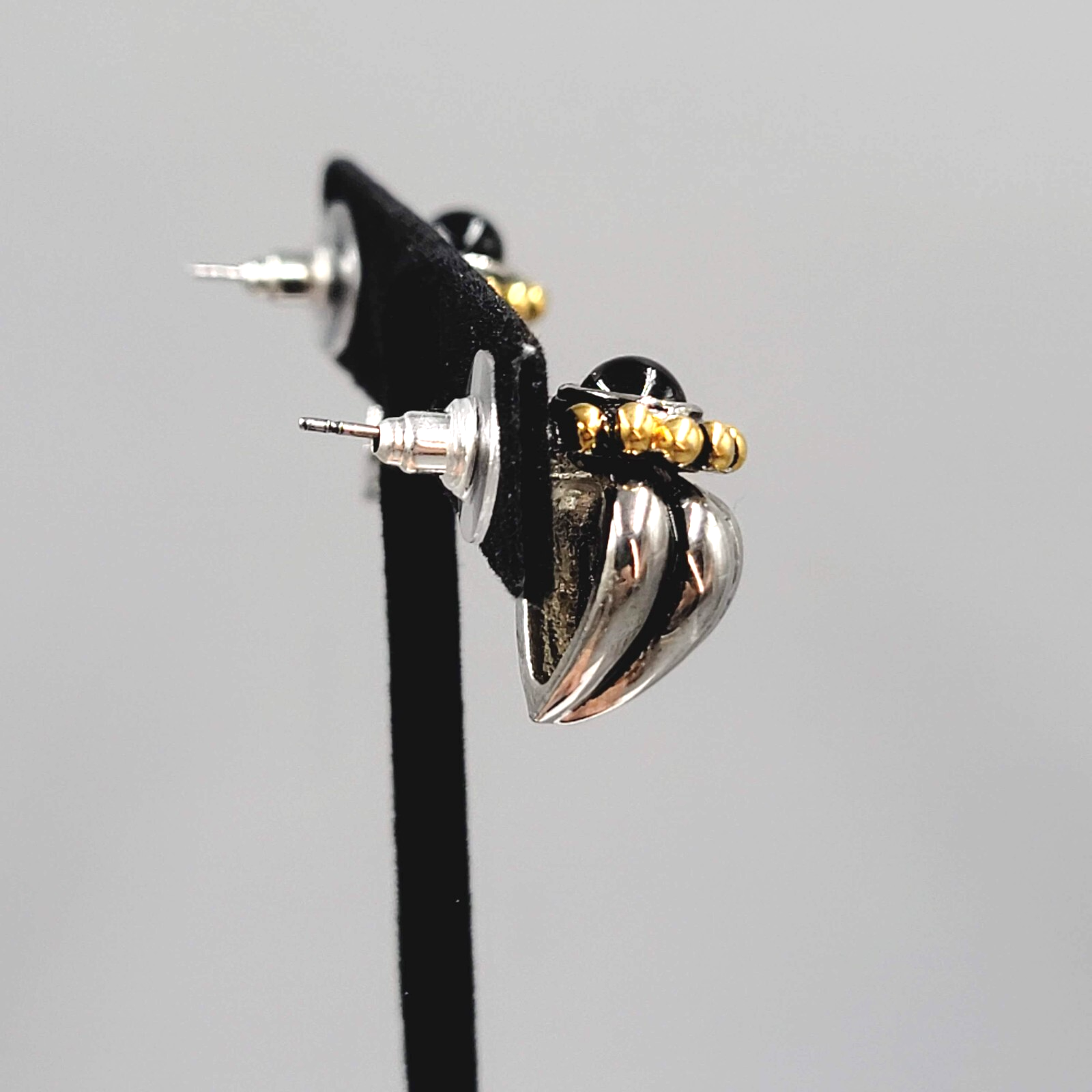 Pierced Earrings Heavy Silver and Gold Plated Black Cabochon Statement 3/4"