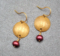 Pierced Earrings Brushed Gold Plated Embossed Disk Red Bead 1"