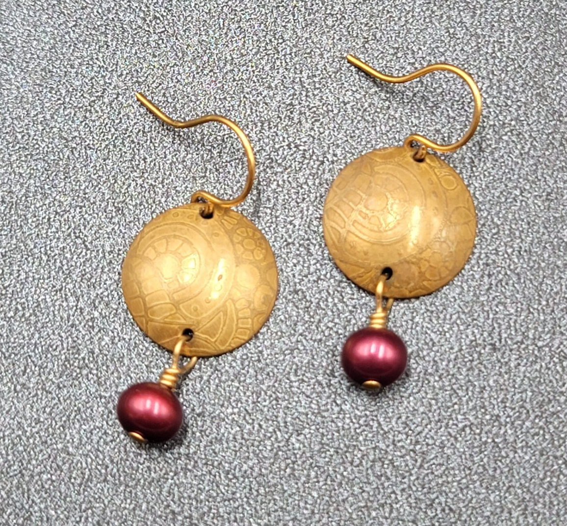 Pierced Earrings Brushed Gold Plated Embossed Disk Red Bead 1"
