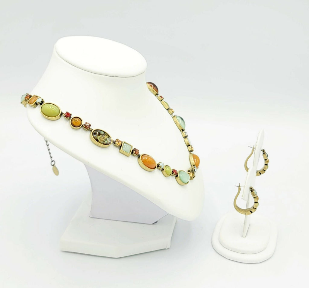 Brushed Goldtone Necklace Hoop Pierced Earrings Set Signed Unknown Mark Modern