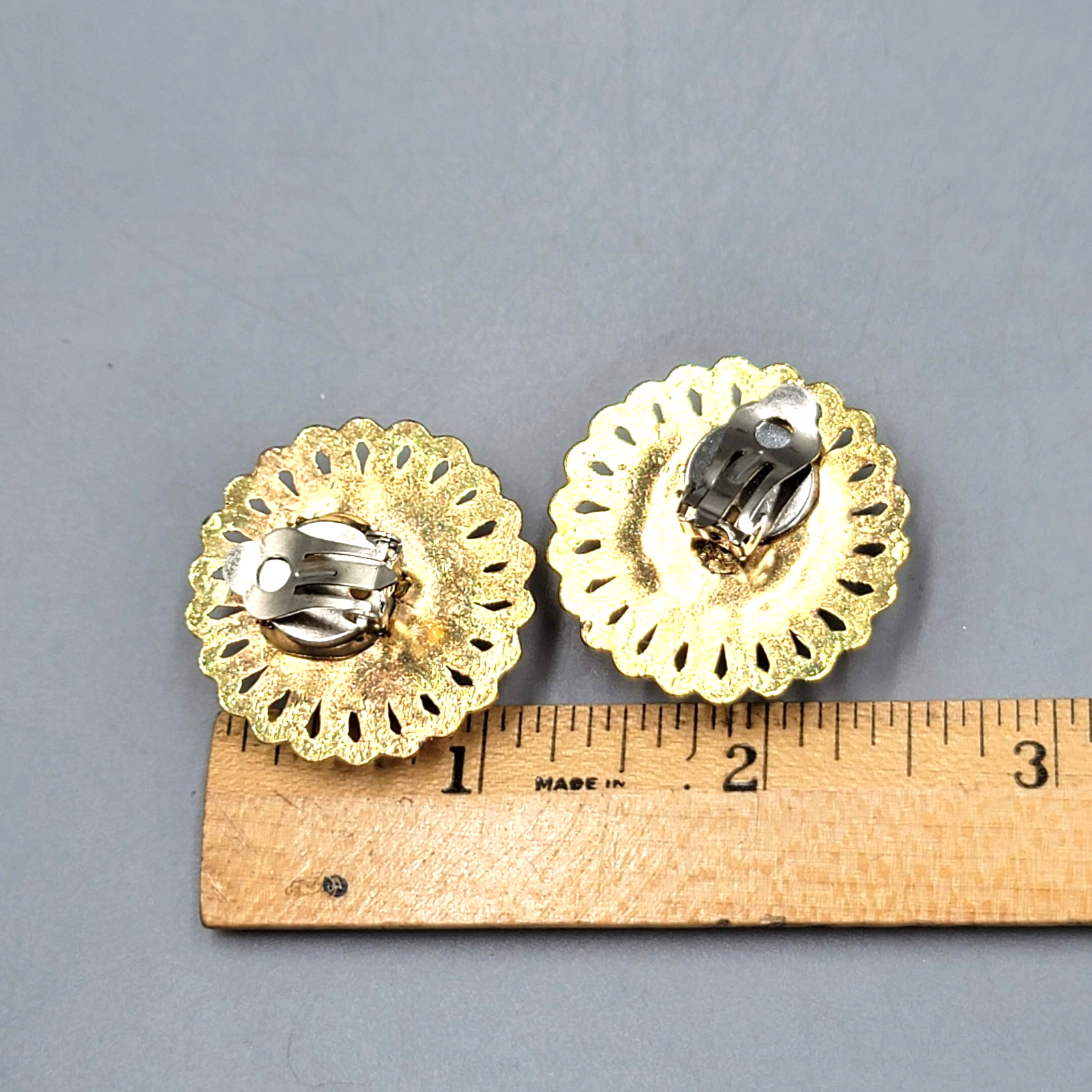 Vintage Victorian Scene Clip on Earrings Gold tone 1.25 in
