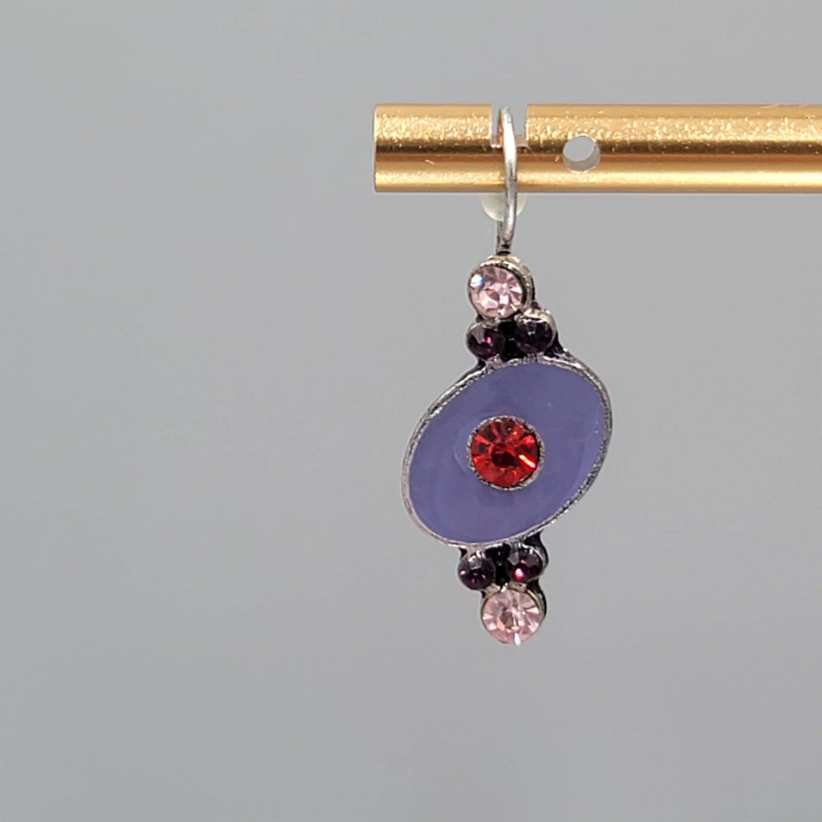 Purple Enamel Red Rhinestone Pierced Earrings Silver tone Drop 7/8"