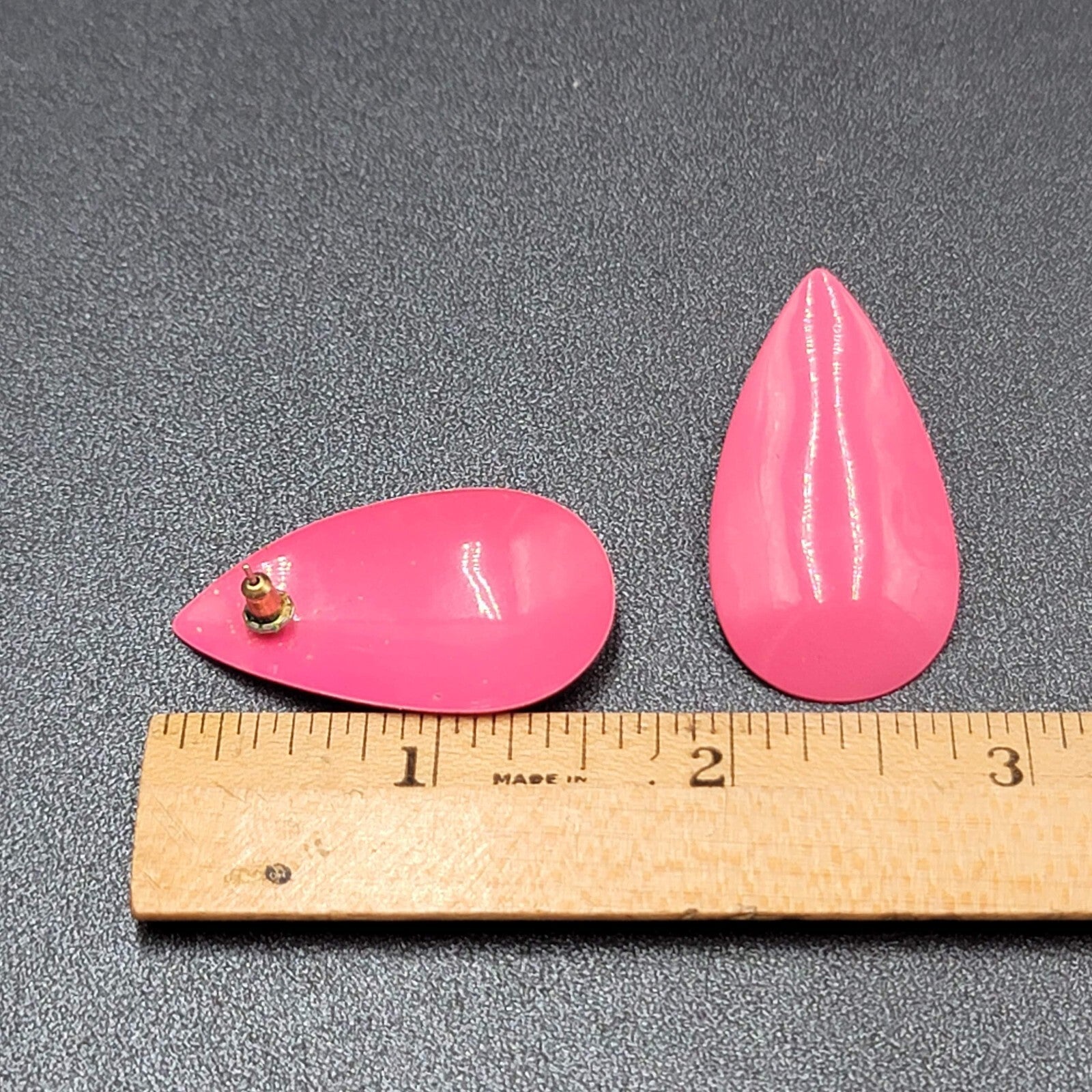 Vintage Pierced Earrings Hot Pink Enamel Long Teardrop 1.5"