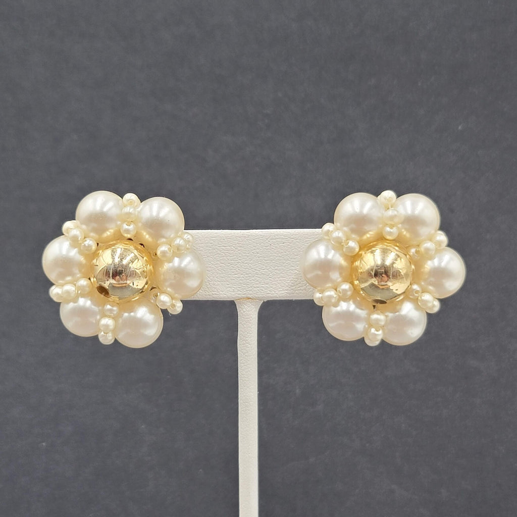 Vintage Clip on Earrings Gold tone Faux Pearl Cluster Flower 1 1/8" Lightweight
