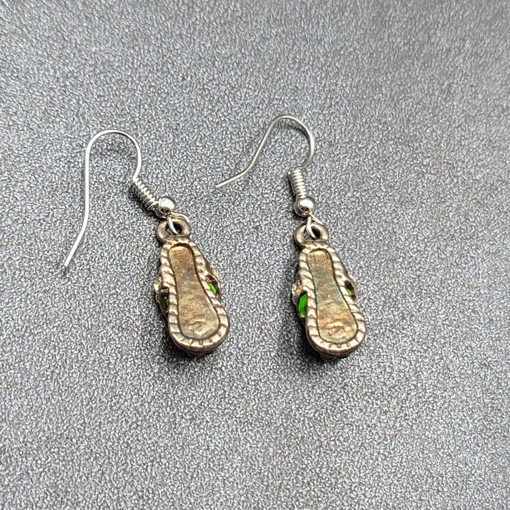Pierced Earrings Green Enamel Flip Flop Rhinestone Dangle 1"