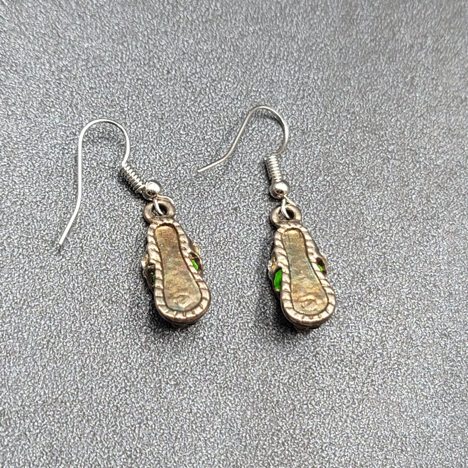 Pierced Earrings Green Enamel Flip Flop Rhinestone Dangle 1"