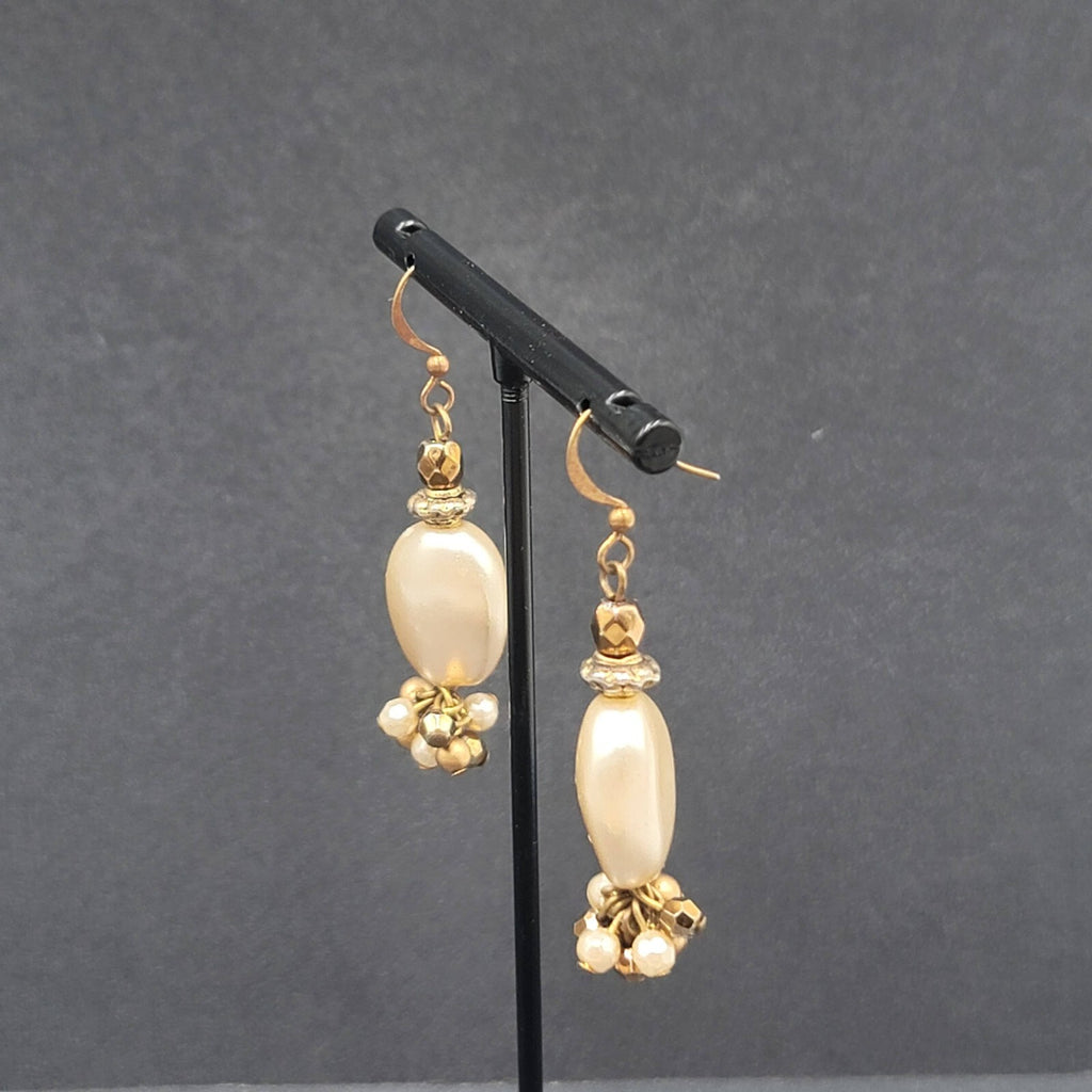 Pierced Earrings Copper tone Faux Pearl Beaded Dangle 1.5"