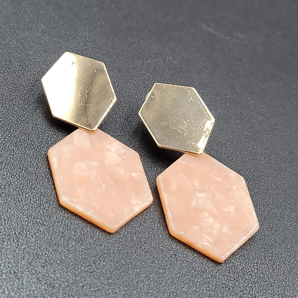 Pierced Earrings Gold tone Pink Resin Geometric Dangle 2.5"