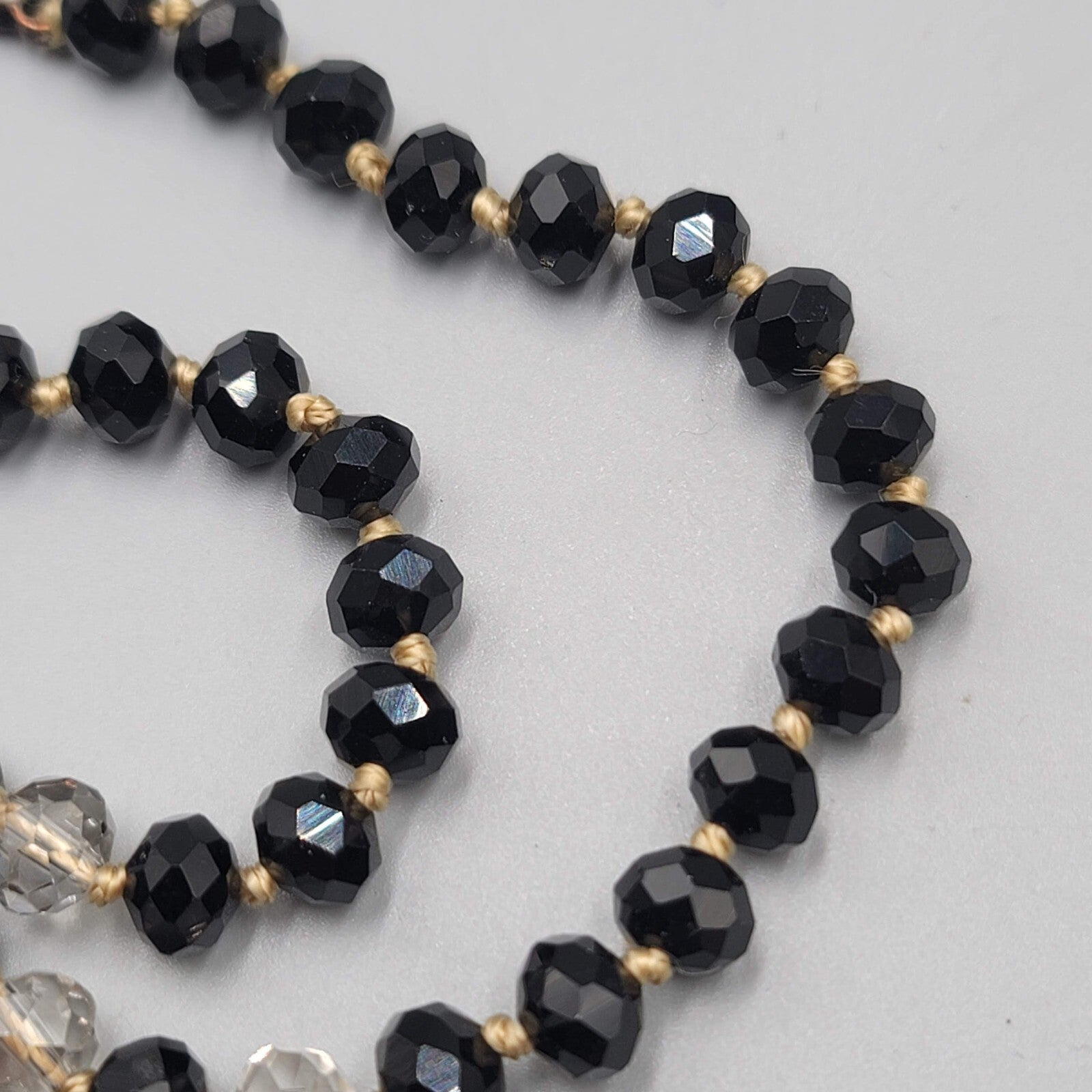 Hand Knotted Facet Cut Black Crystal Bead Necklace 30 in