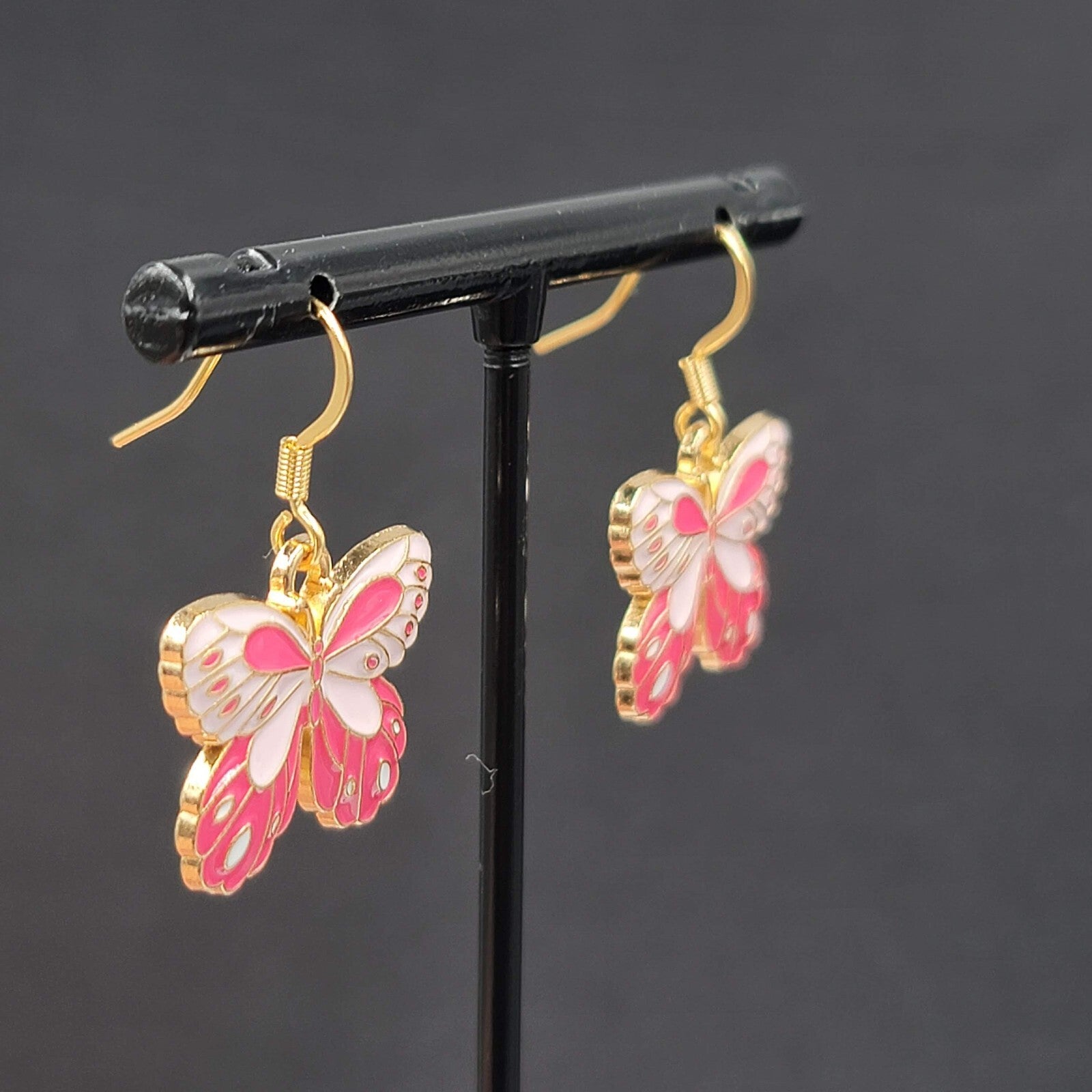 Moth Pink Enamel Pierced Earrings Gold tone Dangle Butterfly 3/4"