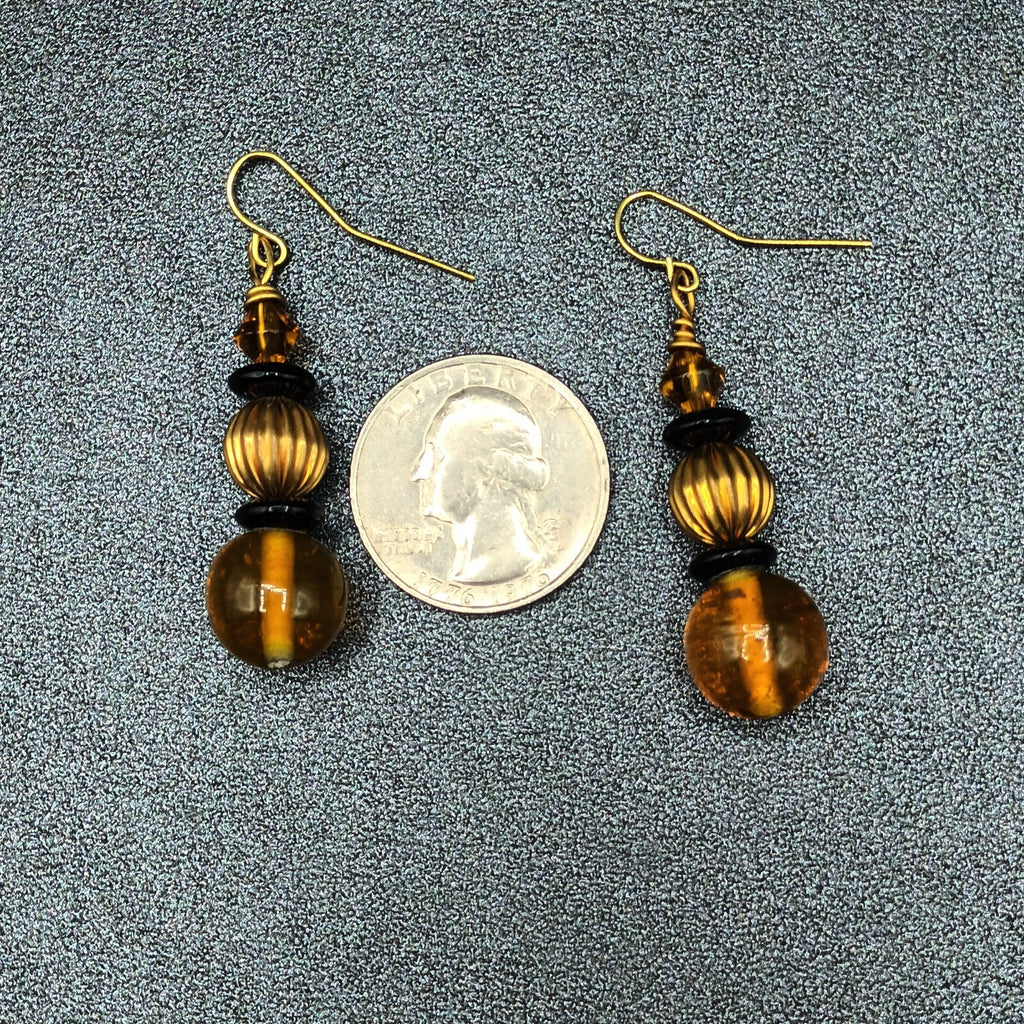 Pierced Earrings Gold tone Orange Black Beaded Statement Dangle 1.5"