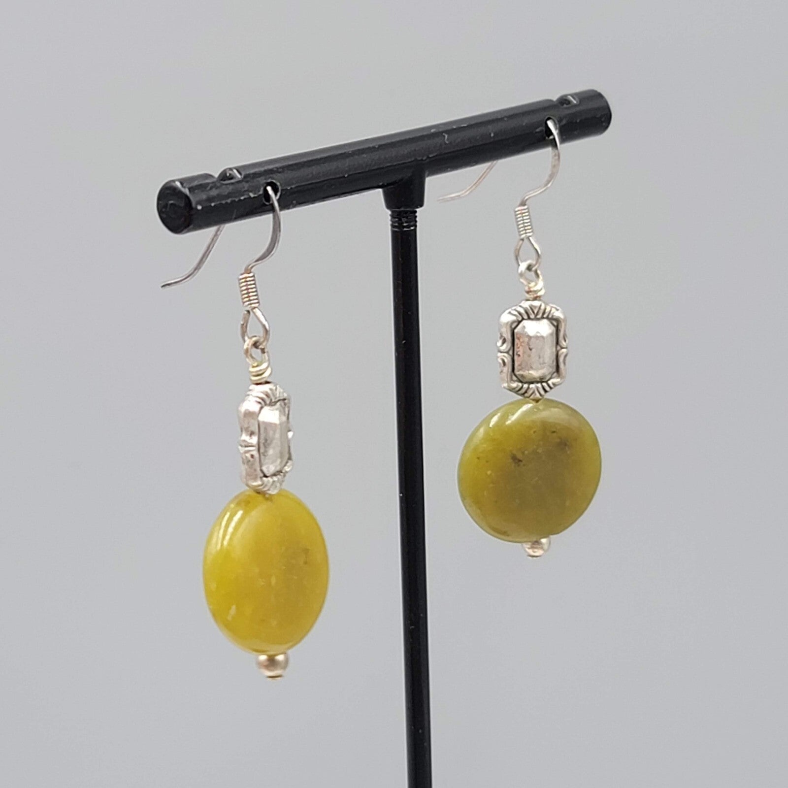 Round Green Stone Pierced Earrings Silver tone Dangle 1.25"