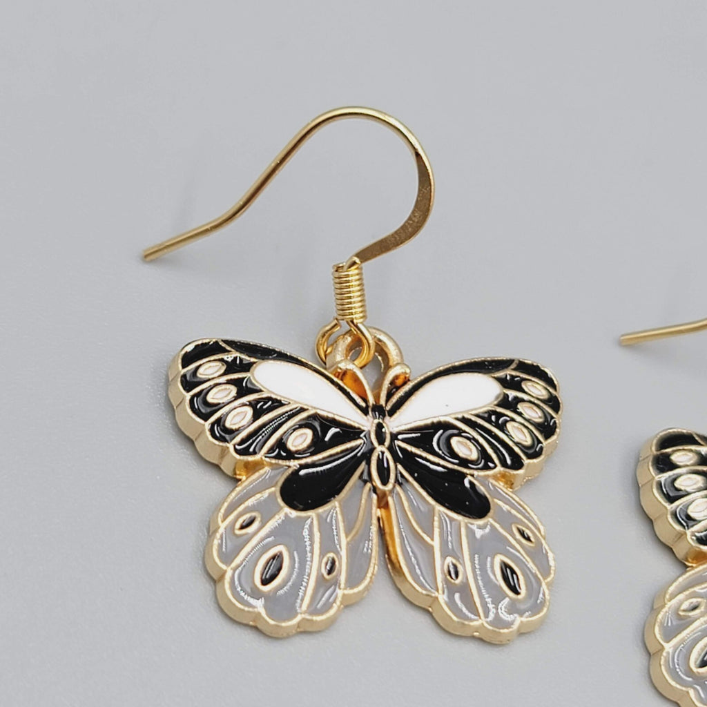 Black Gray Moth Enamel Pierced Earrings Gold tone Dangle Butterfly 3/4"