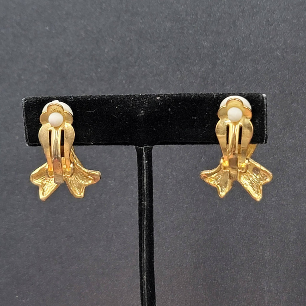 Vintage Clip on Earrings Gold Plated Textured Ribbon Style Drop 1.5"