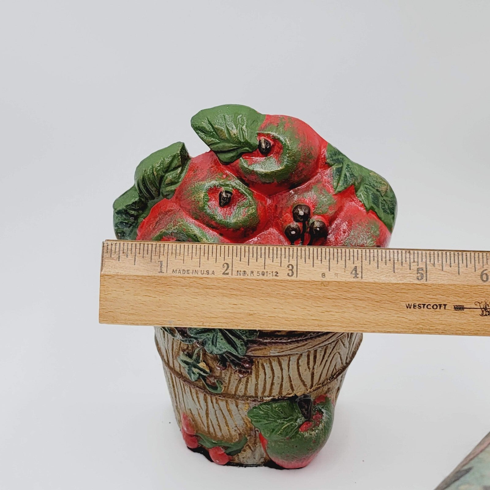 Vintage Cast Iron Doorstop Basket of Apples Painted 6.5"