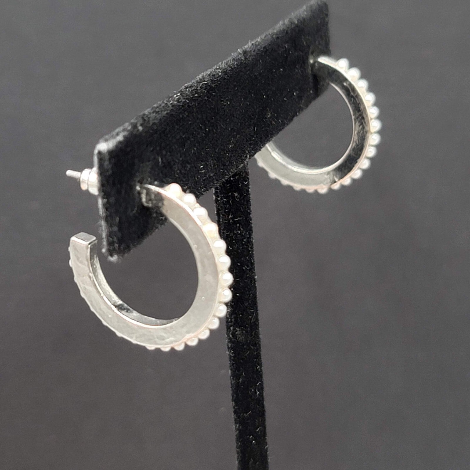 Pierced Earrings Silver tone White Beaded Hoops 3/4"