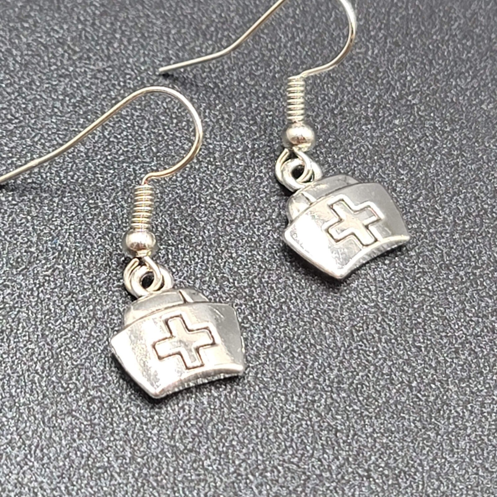 Nurse Cap Pierced Earrings Silver tone Retro Medical Dangle 1/2"