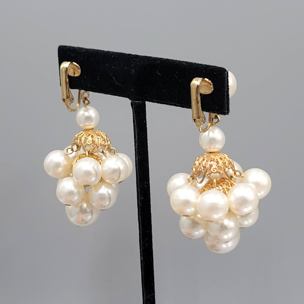Vintage White Beaded Chandelier Clip on Earrings Gold tone Dangle 2 in