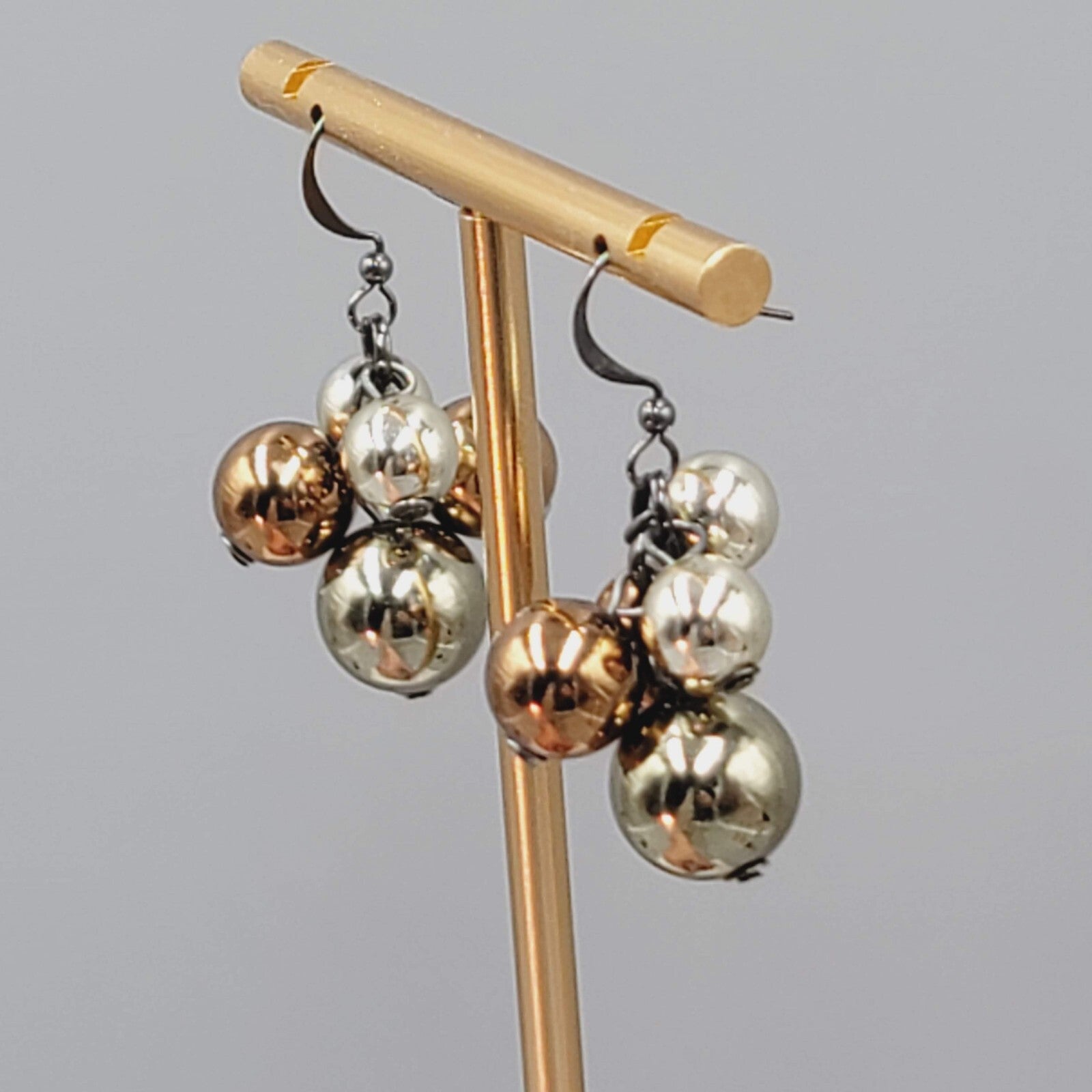 Multi Tone Metal Cluster Beads Pierced Earrings Dangle 1"