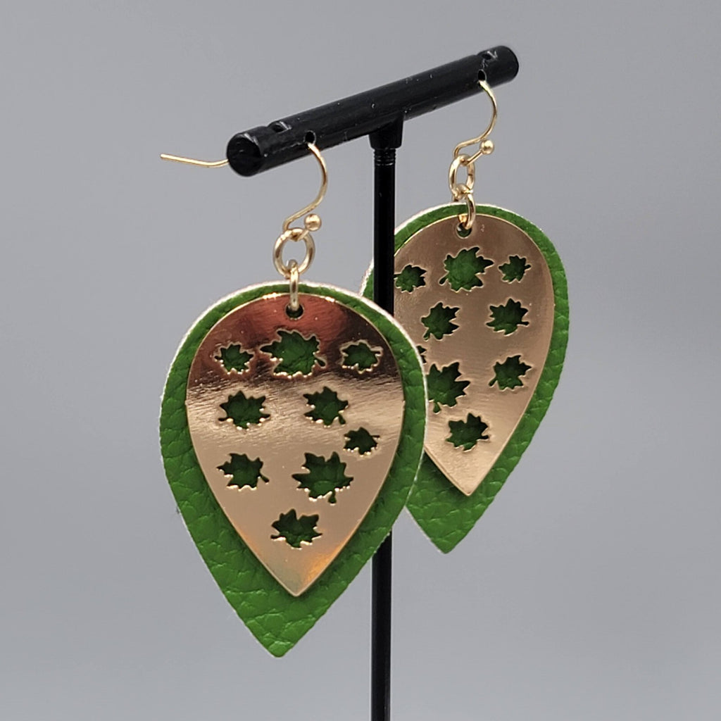 Gold tone Green Pierced Earrings Layered Metal over Faux Leather Dangle 2"