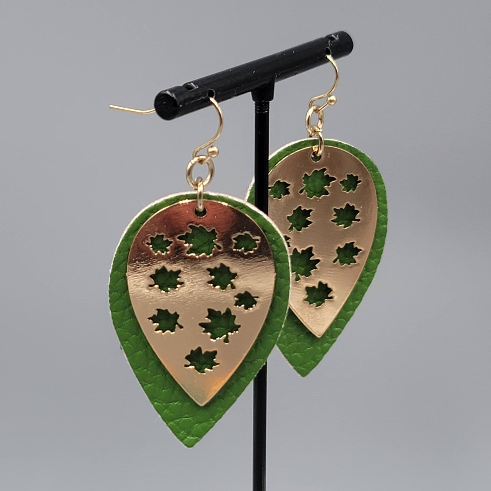 Gold tone Green Pierced Earrings Layered Metal over Faux Leather Dangle 2"