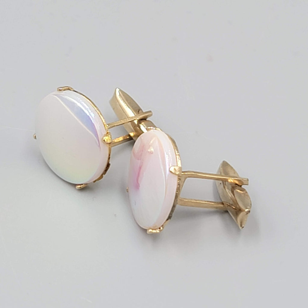 Vintage Iridescent Glass Round Mens Cufflinks Gold tone Mens Estate Jewelry 3/4"