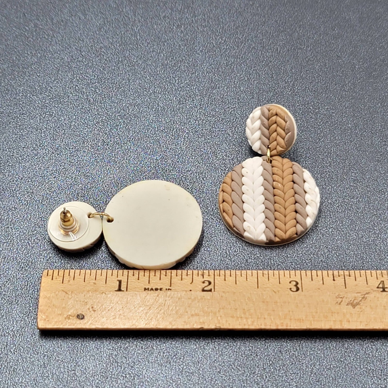 Pierced Earrings Brown White Braided Polymer Dangle 1 7/8"
