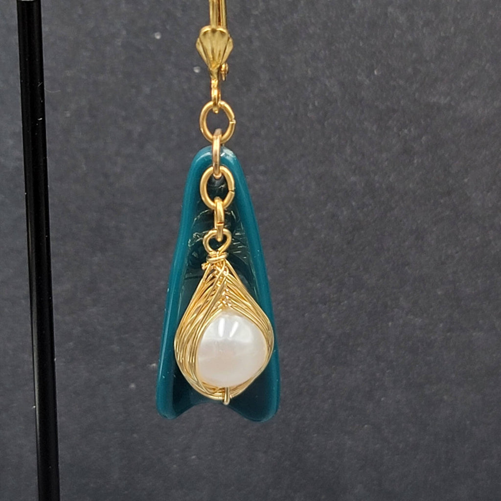 Pierced Earrings Gold Wire Faux Pearl Bead Teal Blue Dangle 1.75"