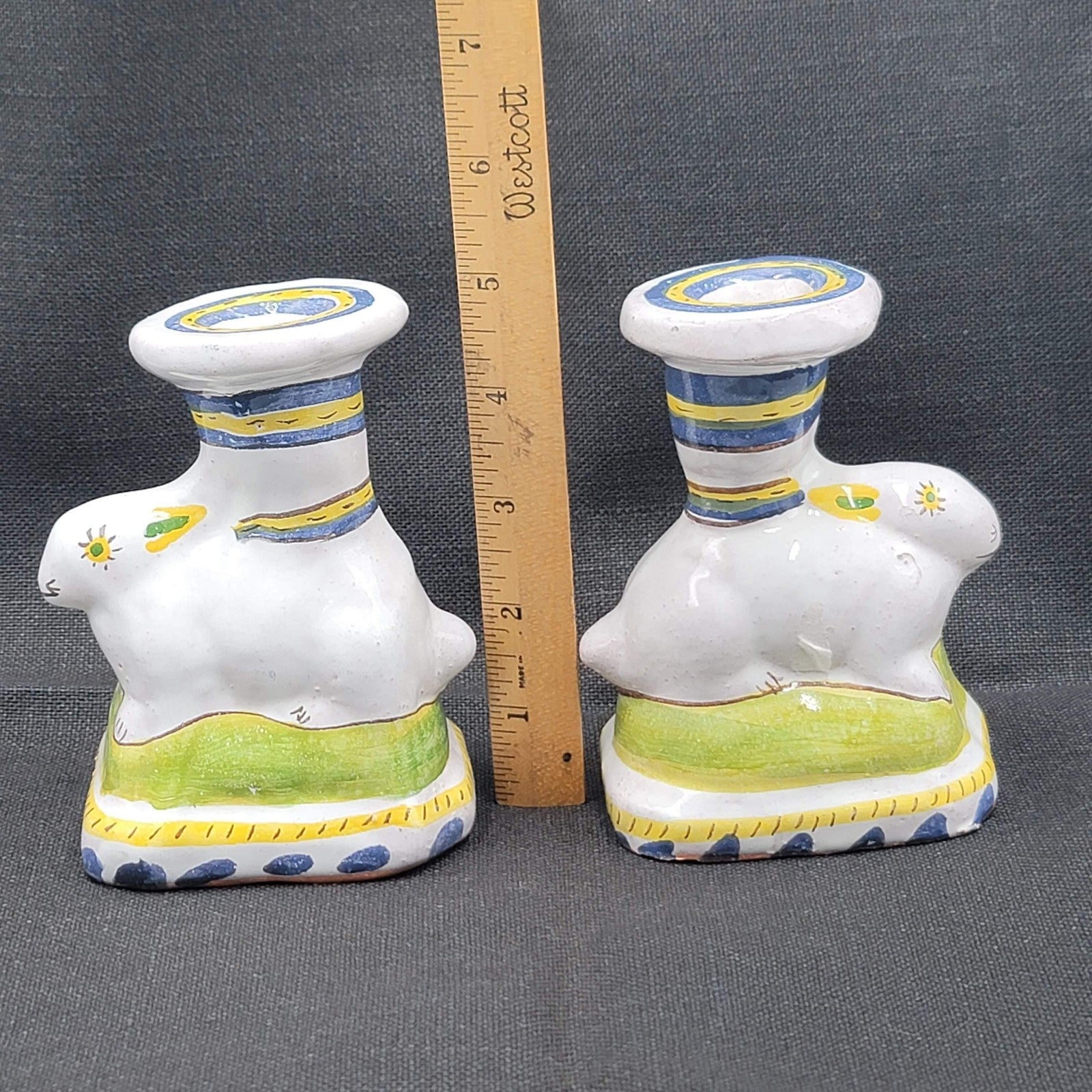 Vintage Portugal Bunny Rabbit Candlestick Holders Hand Painted Ceramic Set Pair