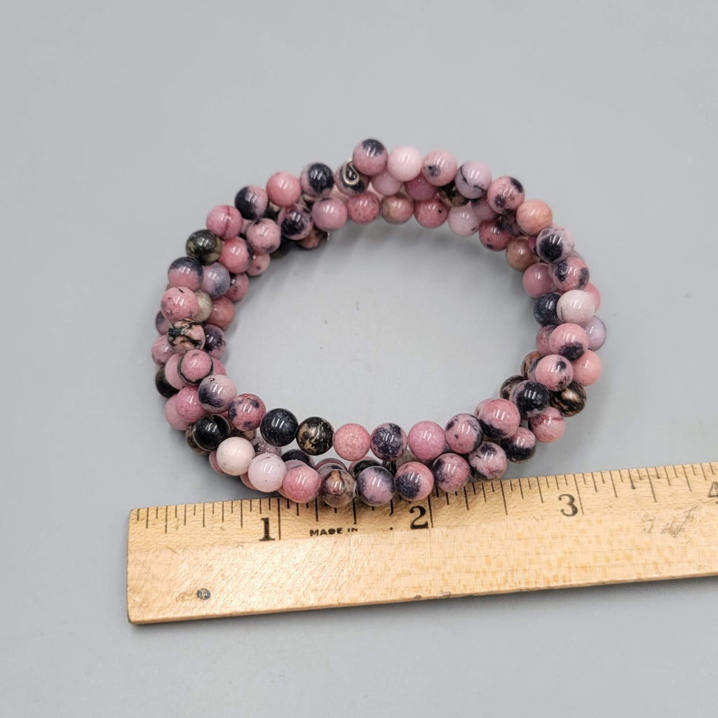 Pink Black Stone Beads Wrap Bracelet Memory Wire 7"