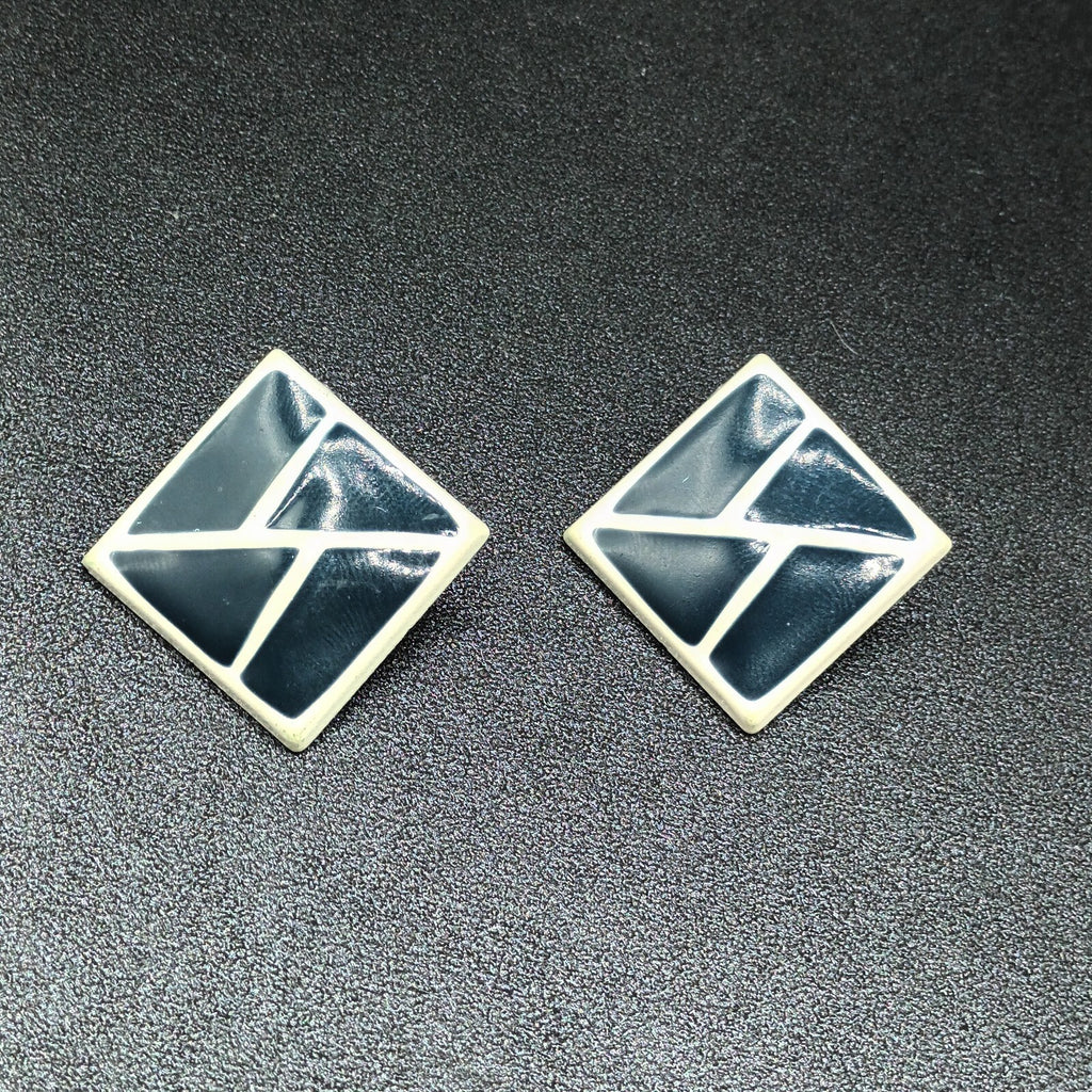 Vintage Pierced Earrings White Blue Enamel Geometric Drop 1 3/8"