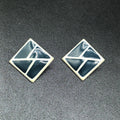 Vintage Pierced Earrings White Blue Enamel Geometric Drop 1 3/8"