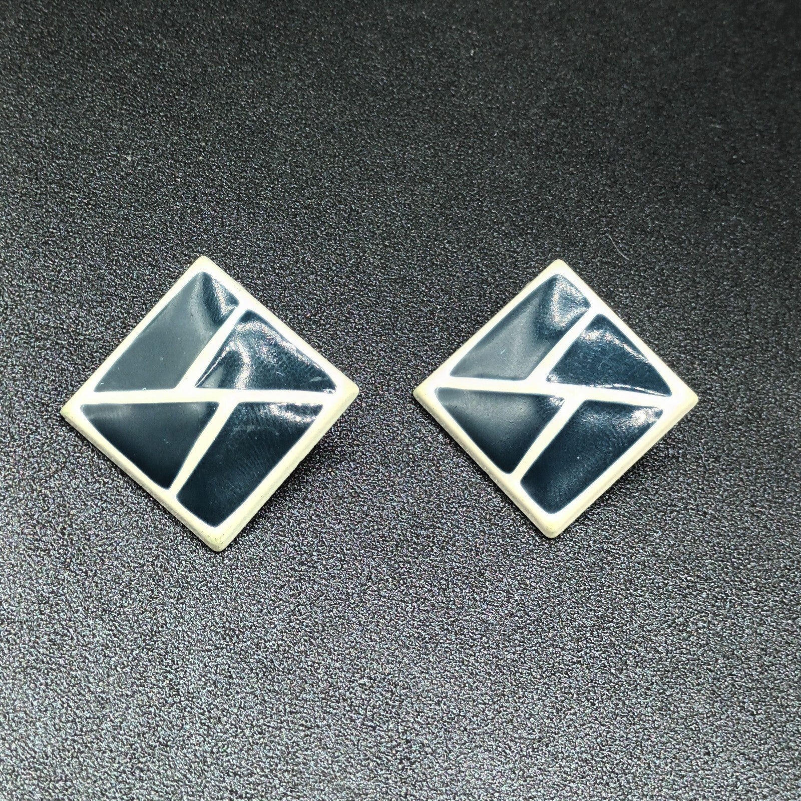 Vintage Pierced Earrings White Blue Enamel Geometric Drop 1 3/8"