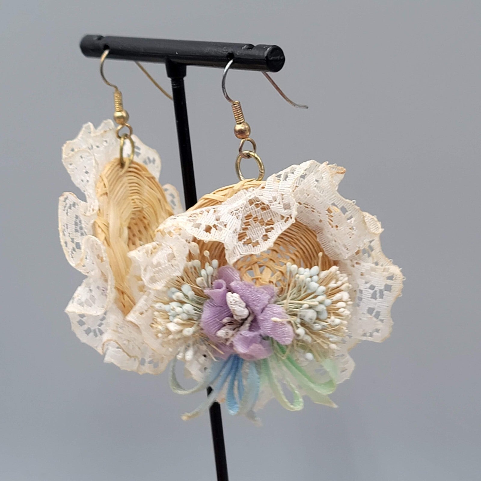 Vintage Wicker Bonnet Pierced Earrings Dangle 1980s 2"