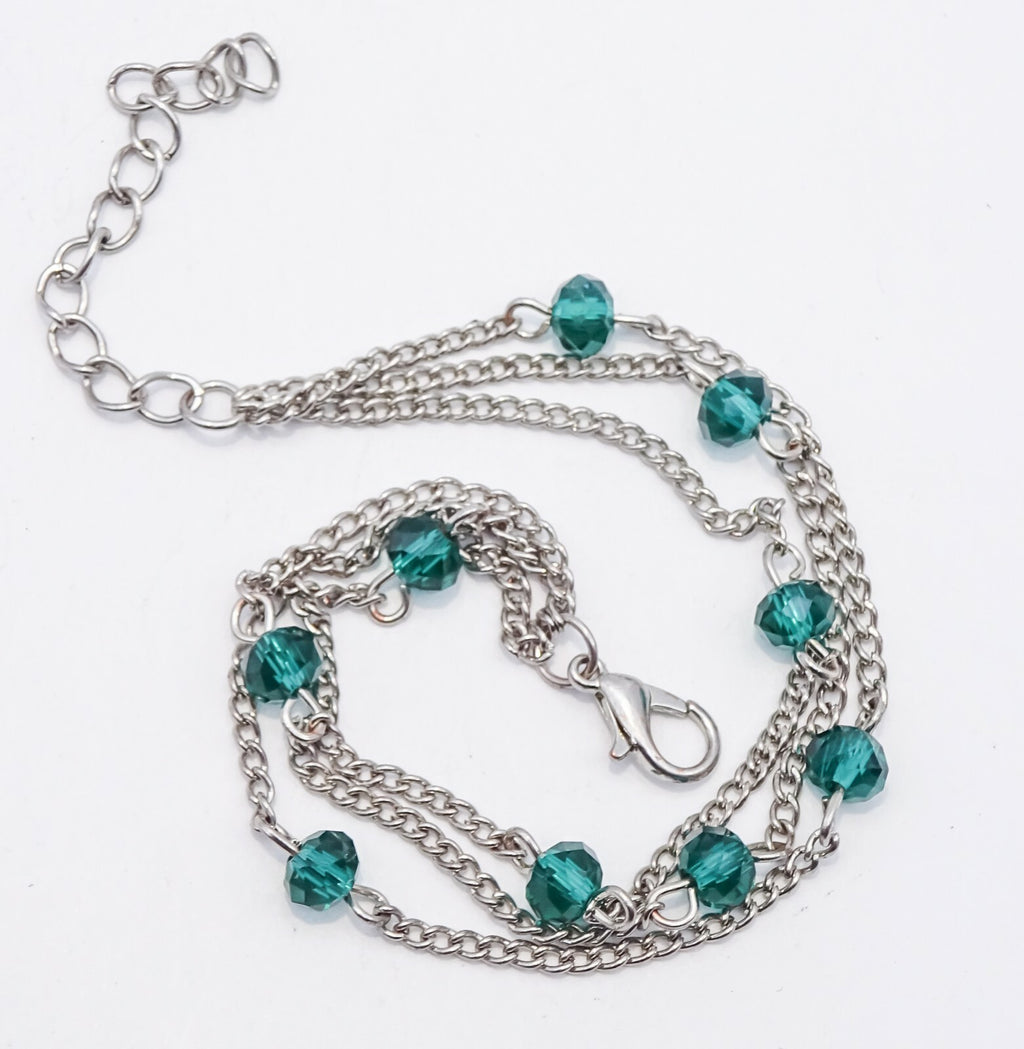Vintage Silver tone Green Crystal Bead Chain Link Bracelet 7" - 8 .5"