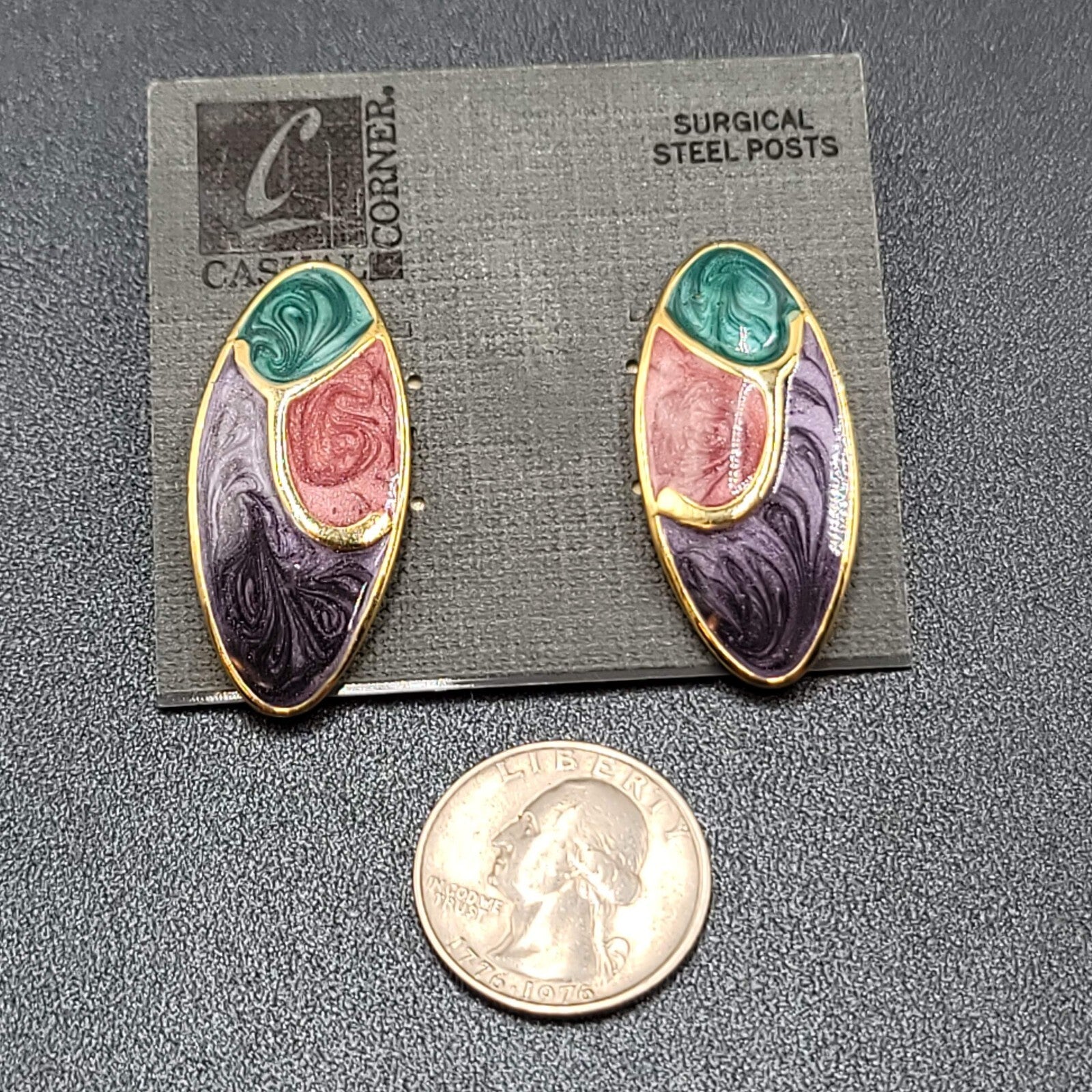 Vintage Pierced Earrings Gold Plated Teal Pink Purple Enamel Drop 1.5"