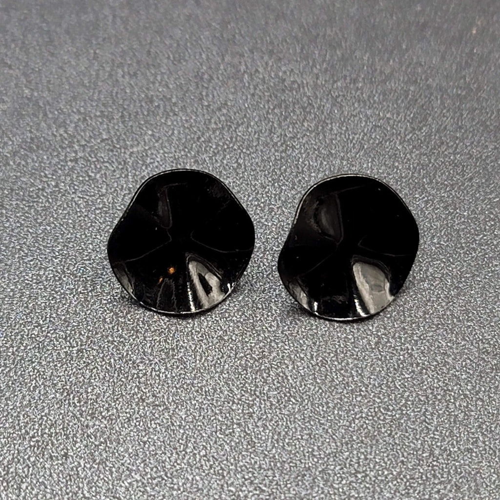 Vintage Pierced Earrings Black Enamel Wavy Round Studs 5/8"