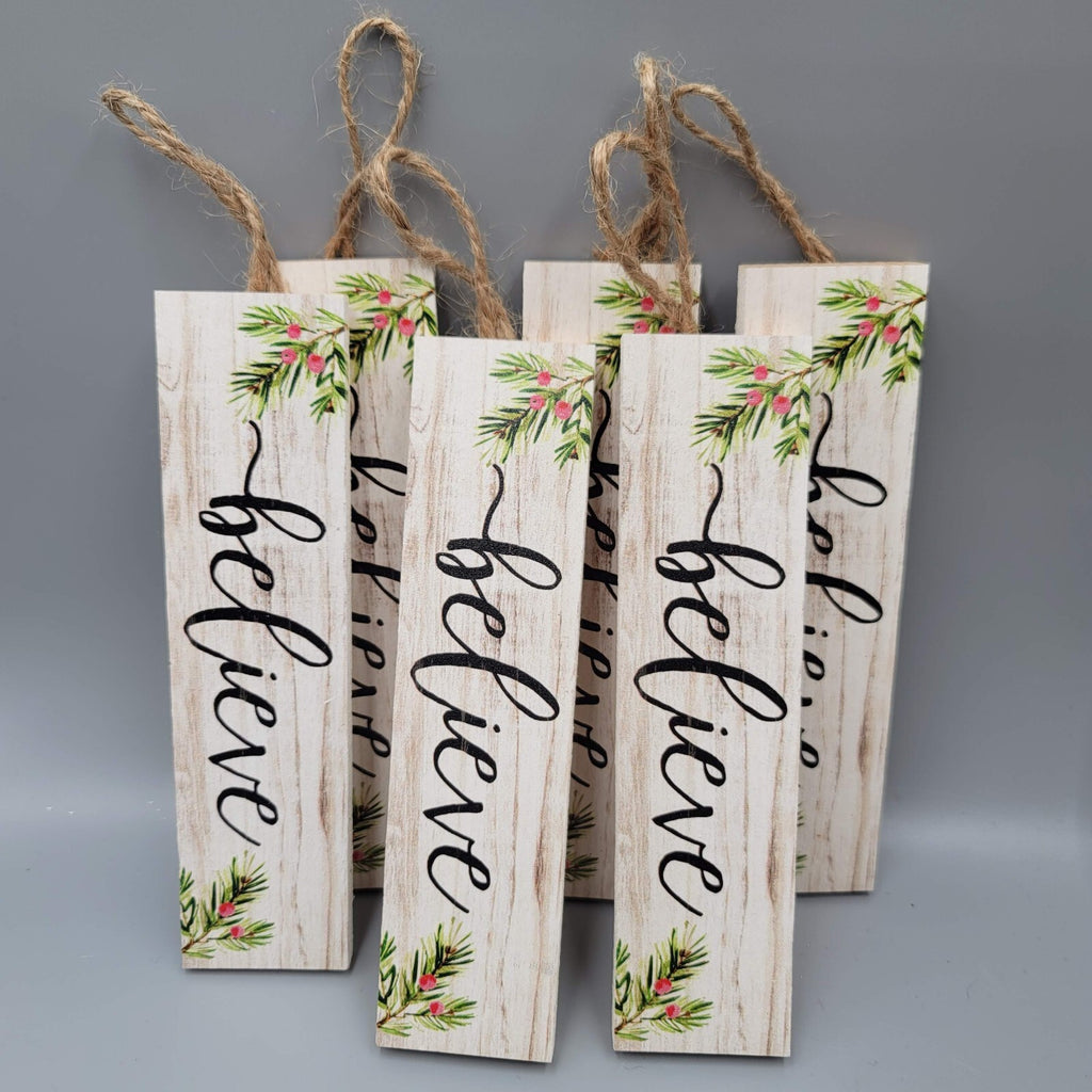 Wood Believe Christmas Tree Ornament Holly Whitewash Lot of 6   6" x 1 1/2"