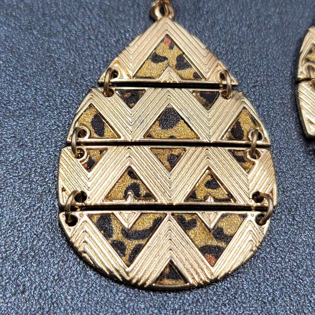 Pierced Earrings Gold tone Articulated Metal Teardrop Leopard Print Dangle 2"